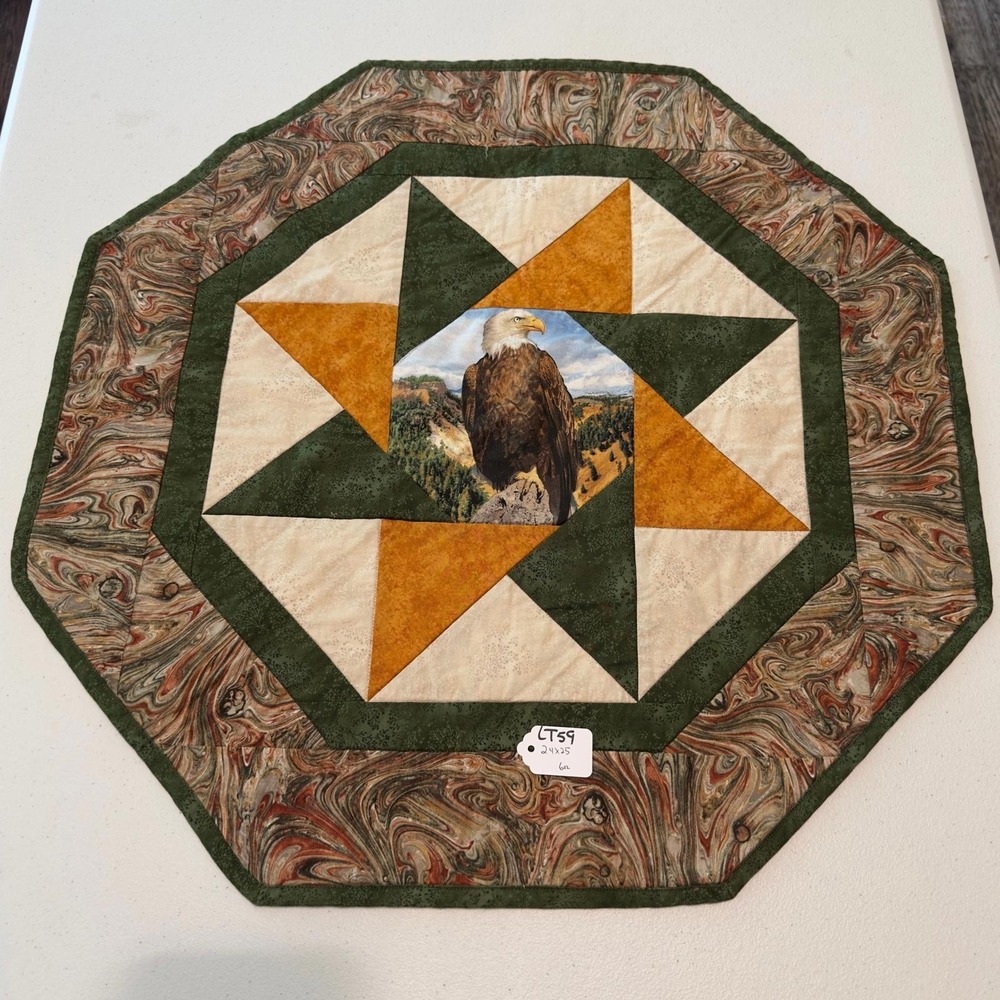 Quilted 24 x 25 table topper  – eagle handmade green gold